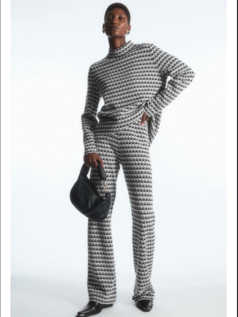 COS Black White Flared Checked Jacquard Knit
High Rise Pull On Trouser Pant Sz M